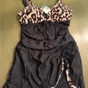 Black One-Piece Swimdress with Leopard-Print Cups